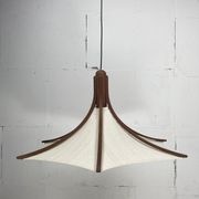Teak and linen umbrella counter balance pendant by Domus, 1970s