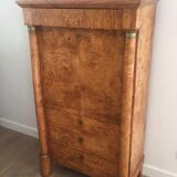 Empire-style secretary desk in burr walnut with detached columns, drop-front, and secret drawer