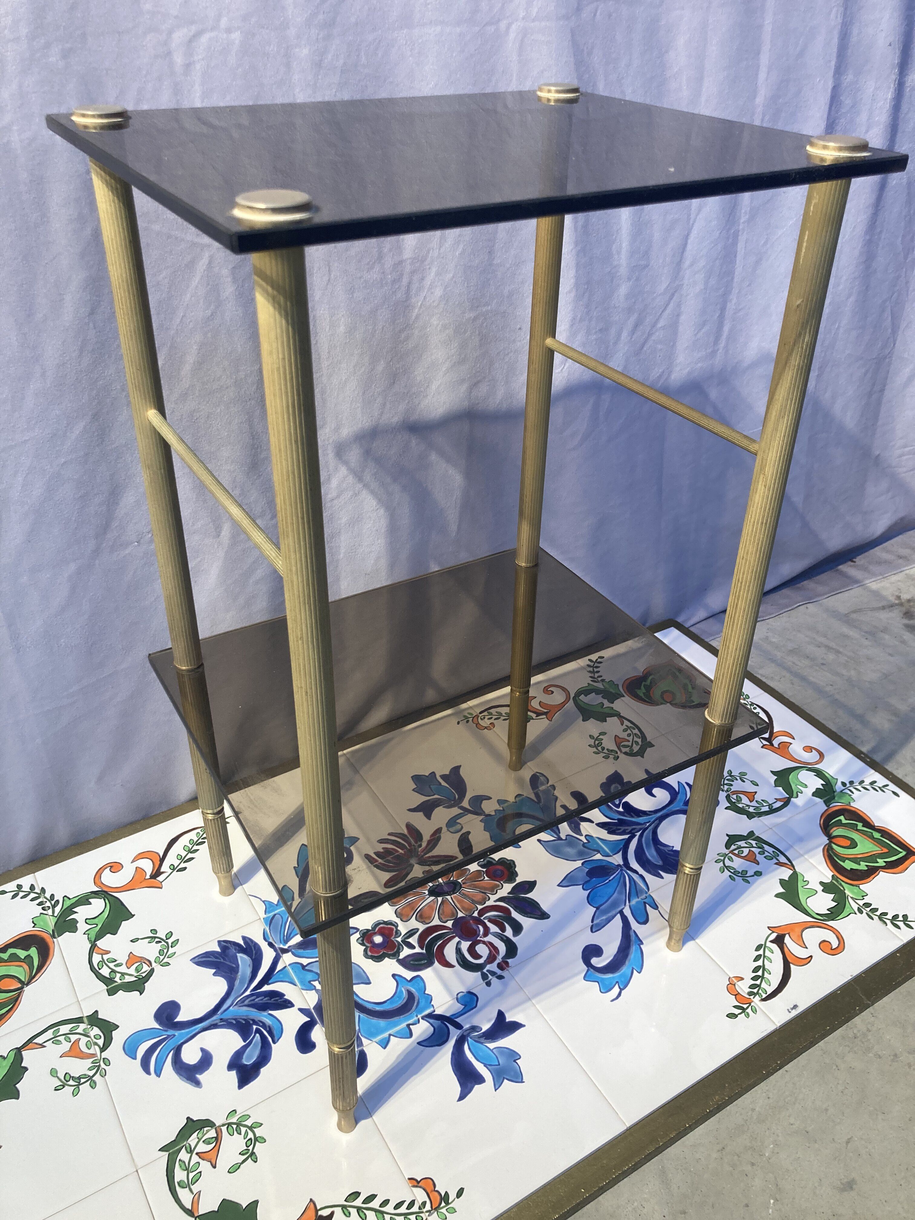 Brass side table and smoked tempered glass