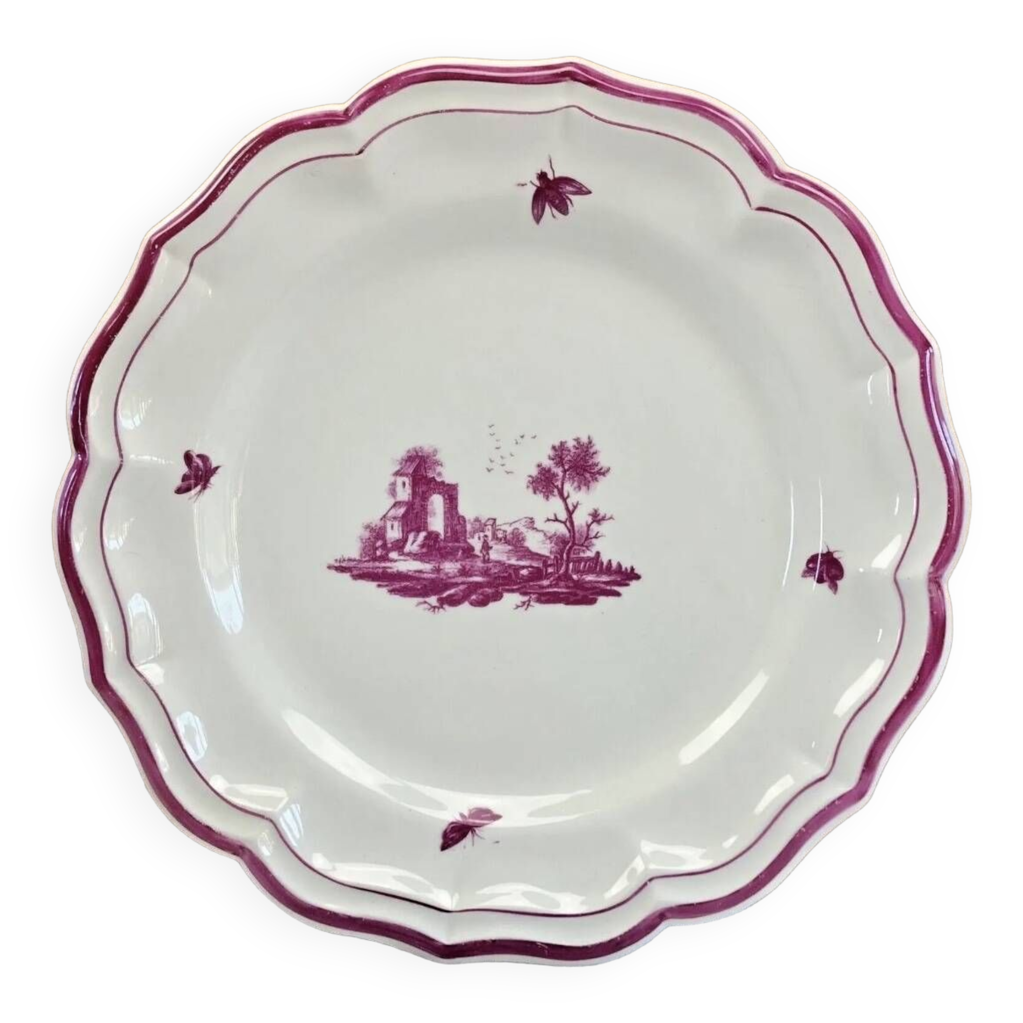 Ancien plat rond Gien modèle Paysages roses 1938 1960