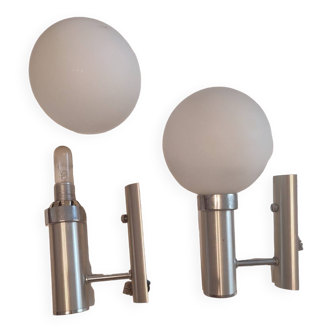 Pair of minimalist 70s opaline wall lights