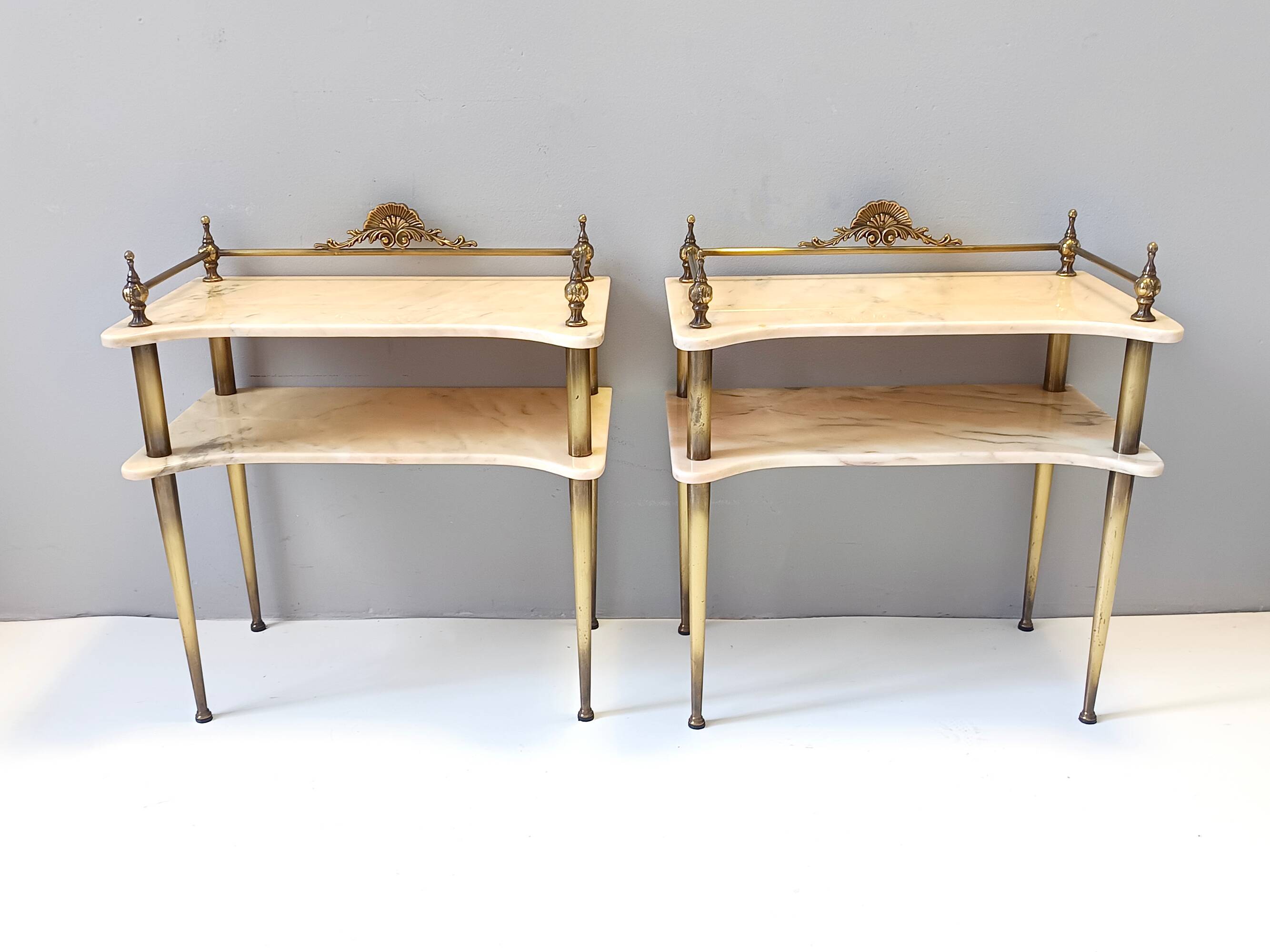 Pair of Nightstands / Console Tables with Marble Tops and Brass Legs, Italy