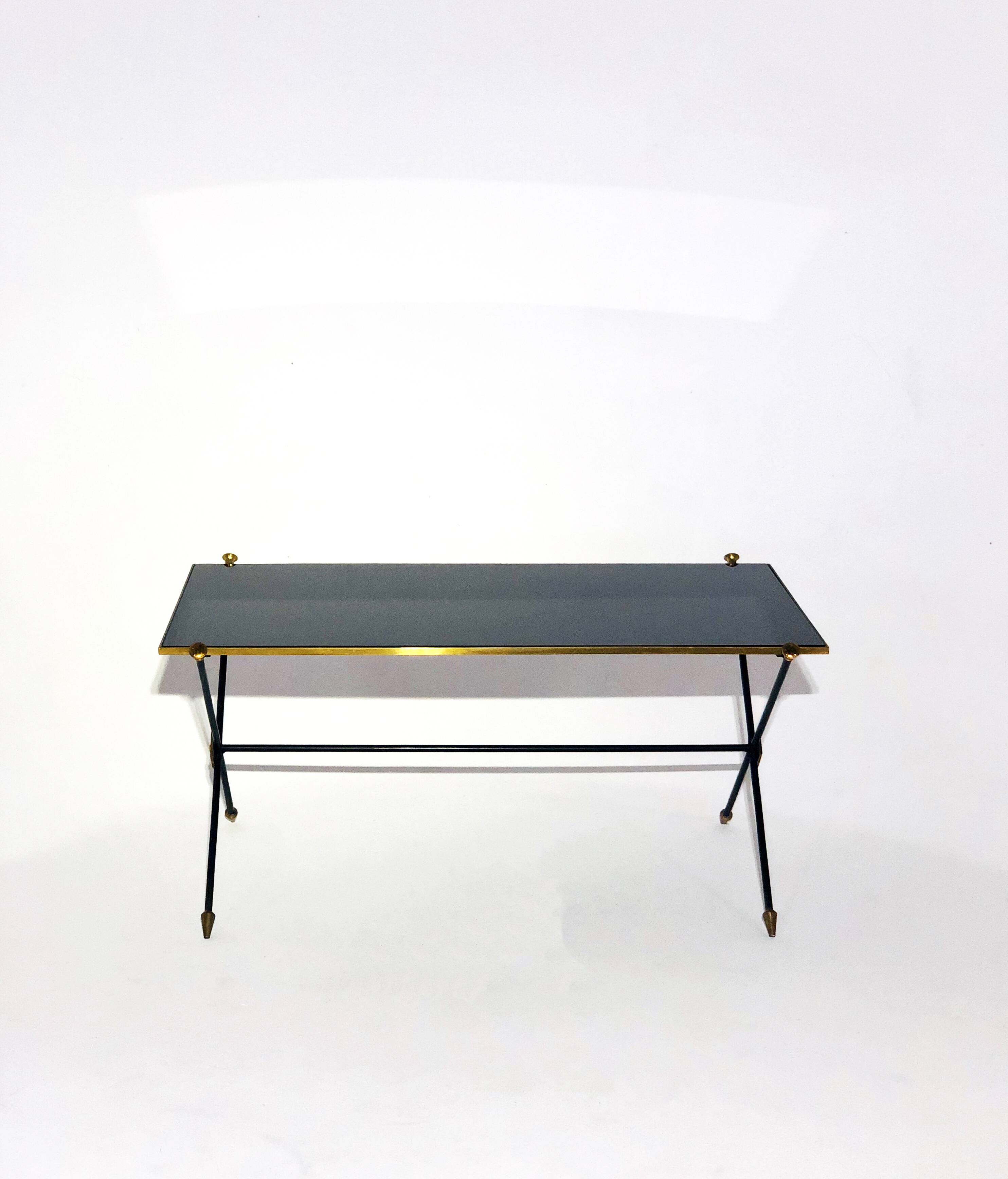 Vintage coffee table from 1960 - French - tubular and opaline metal / black glass