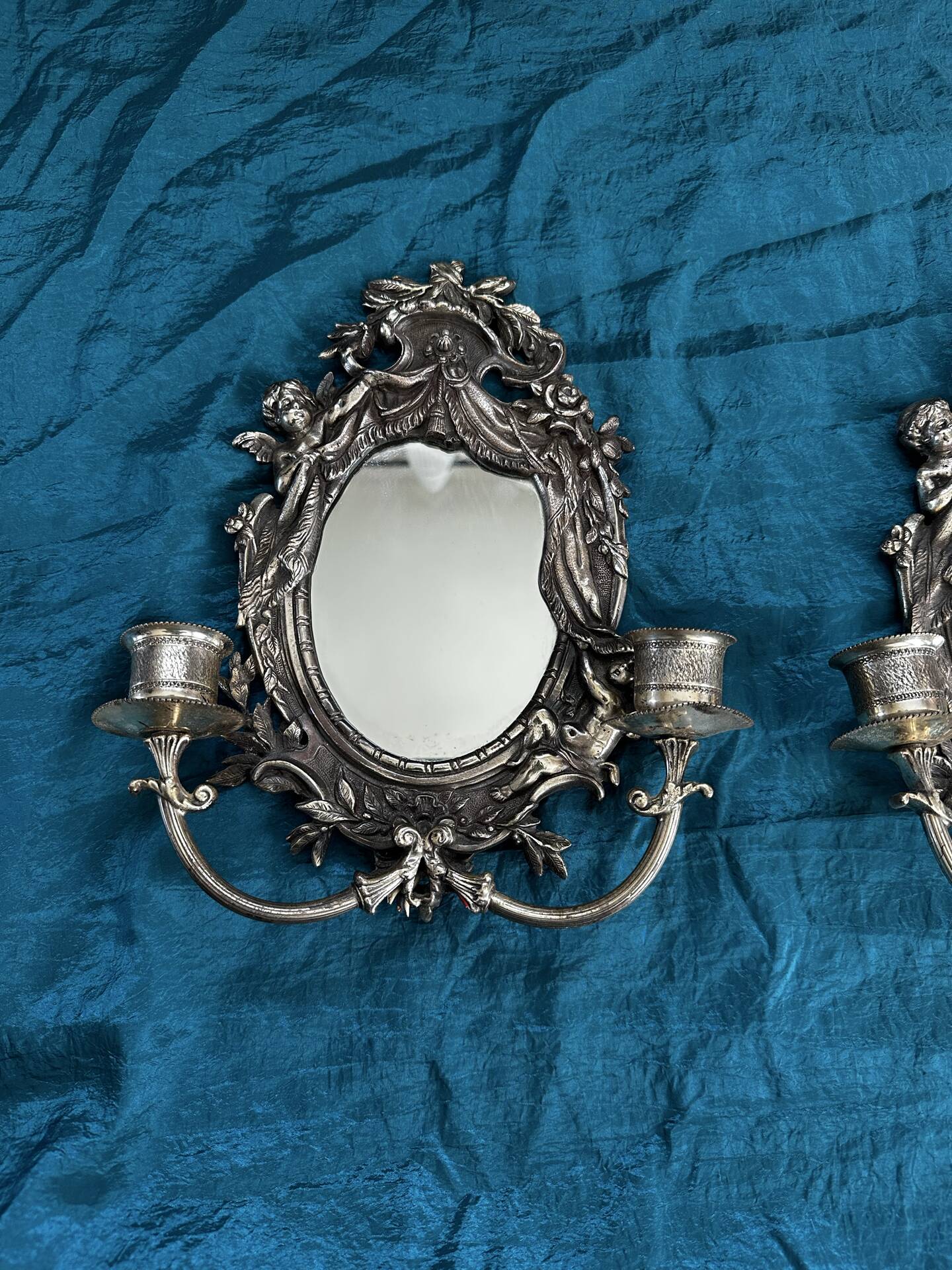 Rare pair of mirror sconces with putti. Napoleon III / Art Nouveau ~