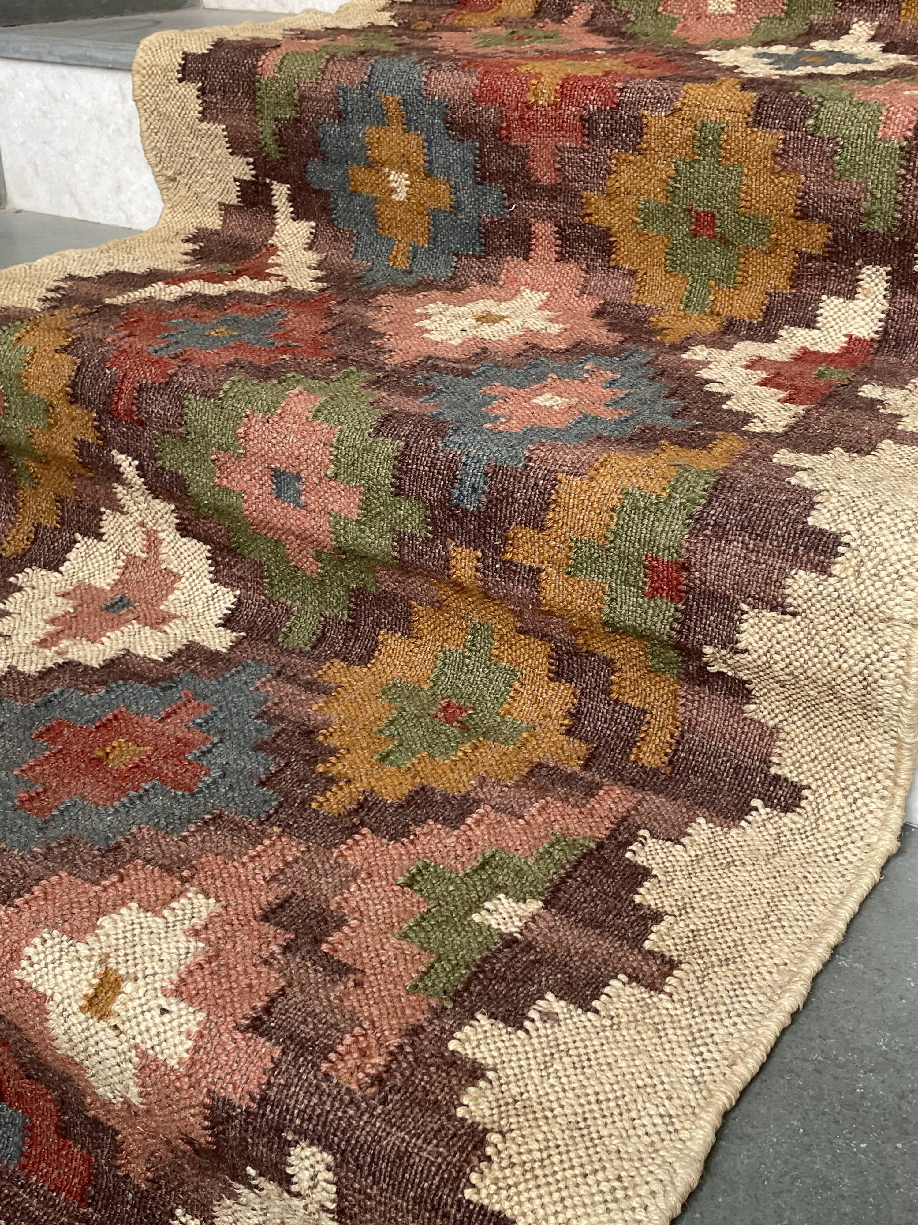 2.5 x10 ft - jute/wool kilim runner,handmade,area,home decor,bed side,indian traditional rug/carpet.