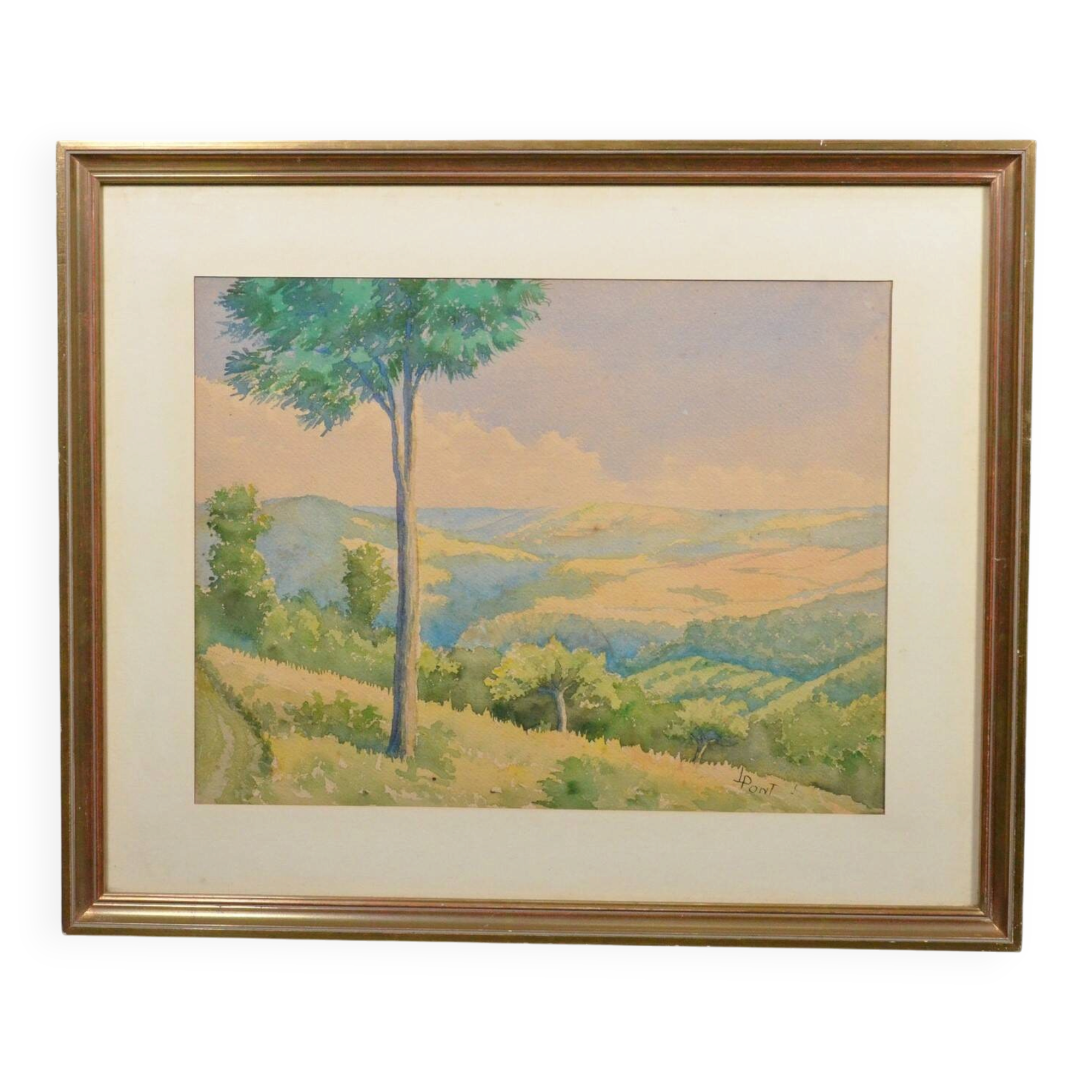 JL PONT (20th century) "Hilly Landscape" Signed watercolour