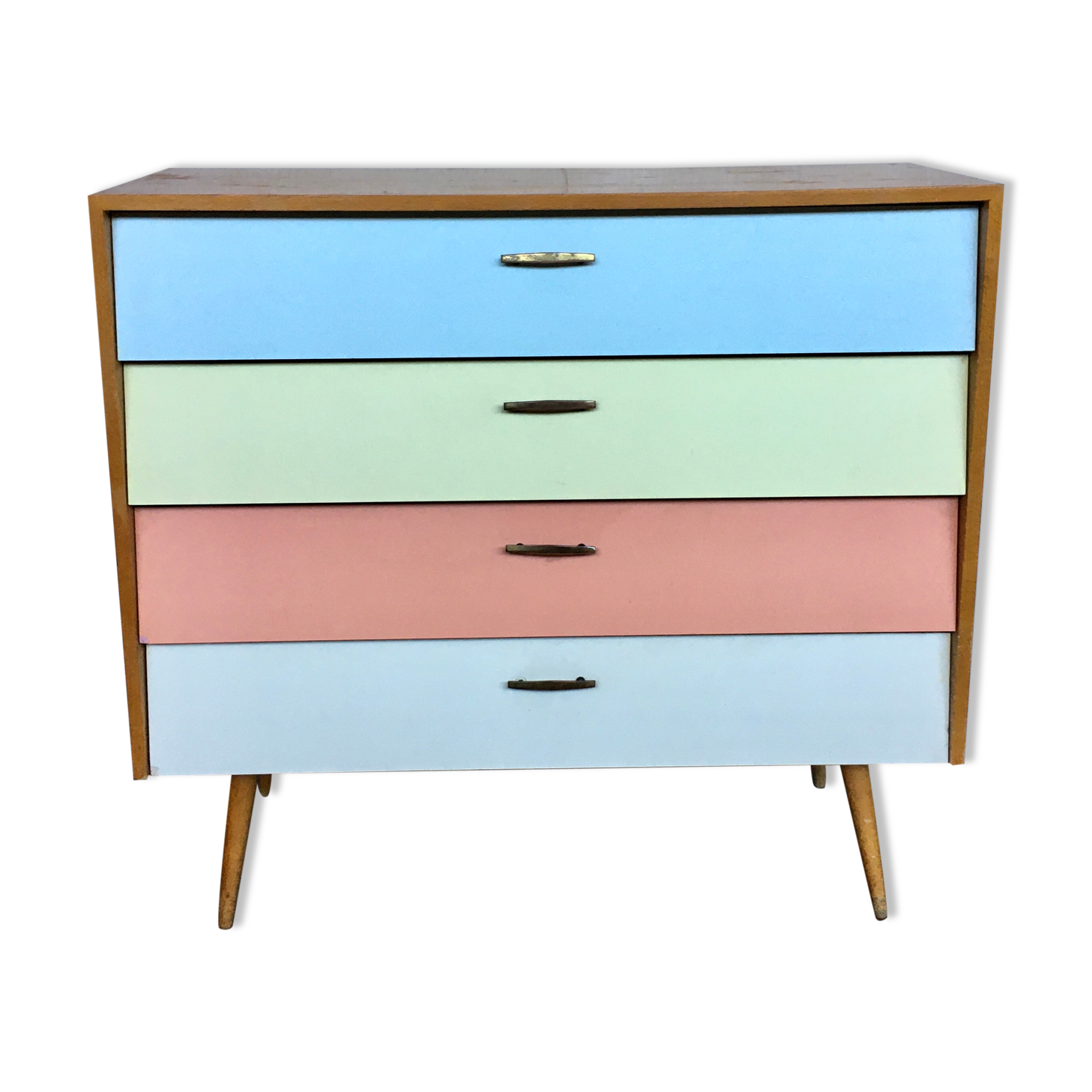 50s color formica shoe cabinet with compass feet