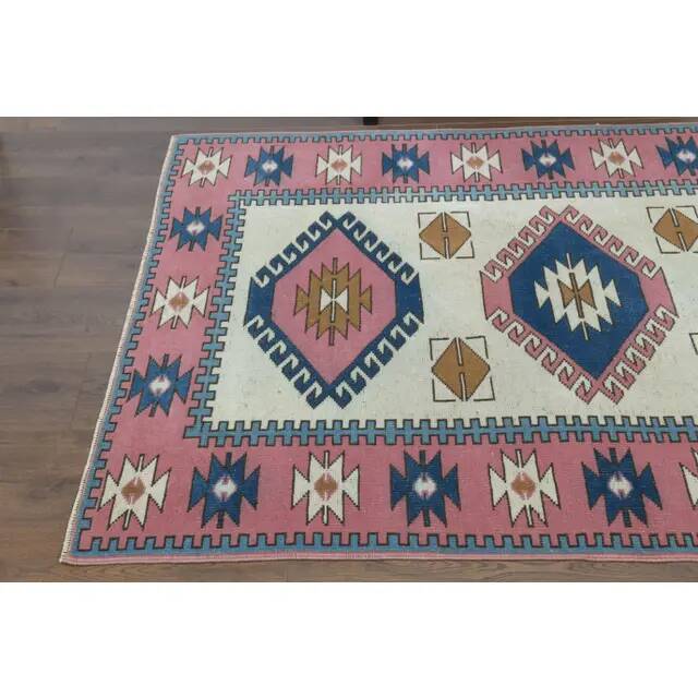 1970s Vintage Turkish Hand-Knotted Wool Cotton Pink Area Rug 120x176