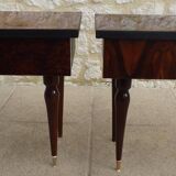 2 Bedside tables typical of the 50s in mahogany-colored varnished wood.