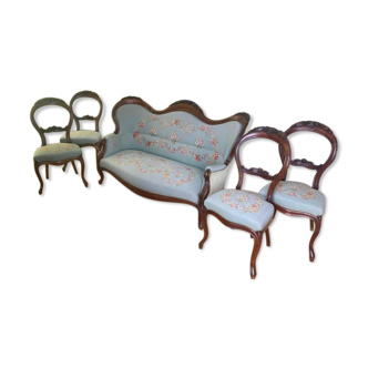 Louis Philippe style living room with embroidered upholstery - Sofa and 4 chairs