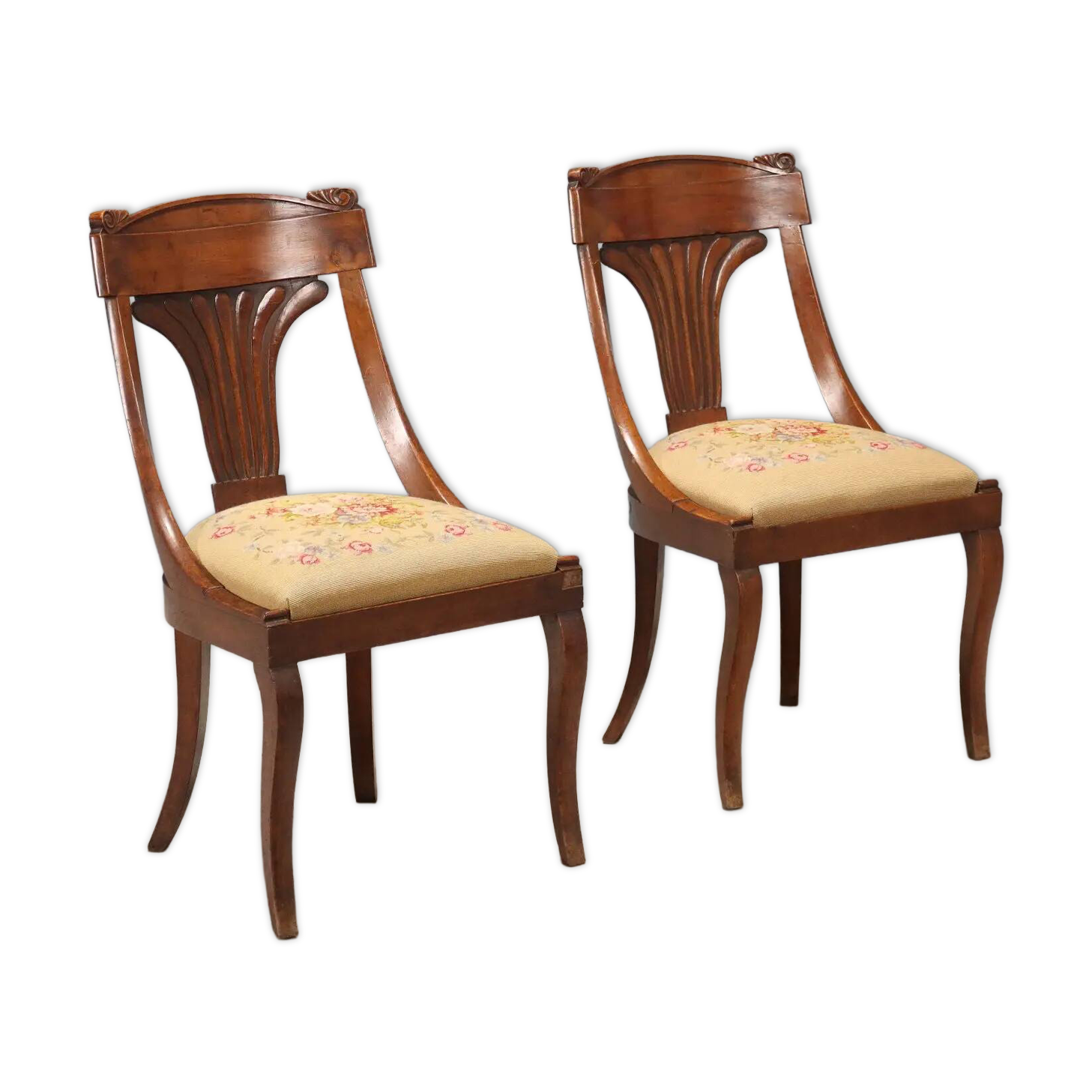 Antique Louis-Philippe chairs in walnut and fabric, Italy, 19th century.