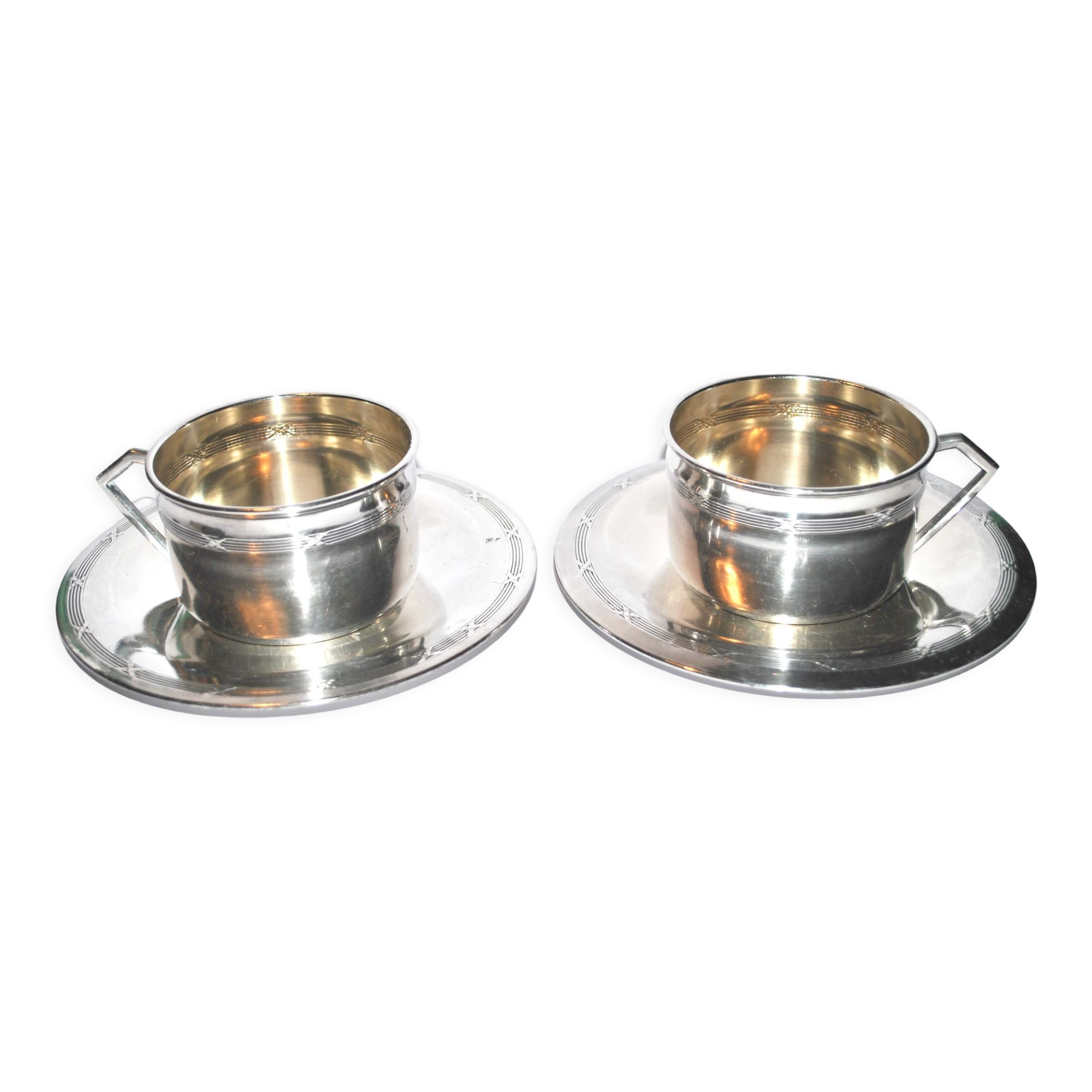 Set of 2 coffee cups Antique ribbons in silver metal Goldsmith Weinthal Georges