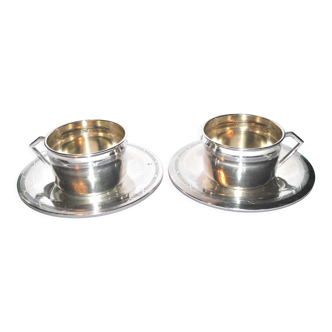 Set of 2 coffee cups Antique ribbons in silver metal Goldsmith Weinthal Georges