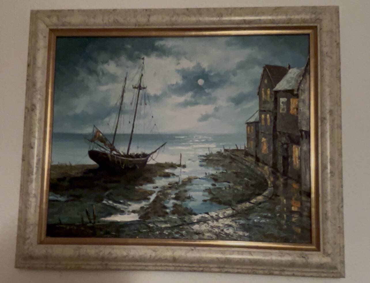 Marine Nocturne - Original oil on linen canvas signed by Barton