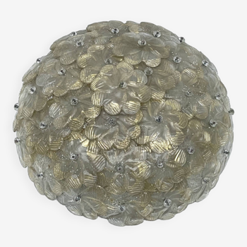 Seguso, Mid-century Gold Murano glass flowers ceiling lamp. Italy 1940s