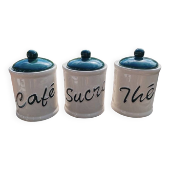 Set of green and white kitchen supply tea coffee sugar pot