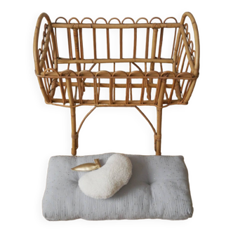 Wicker rattan cradle vintage Scandinavian design retro old toy doll bed