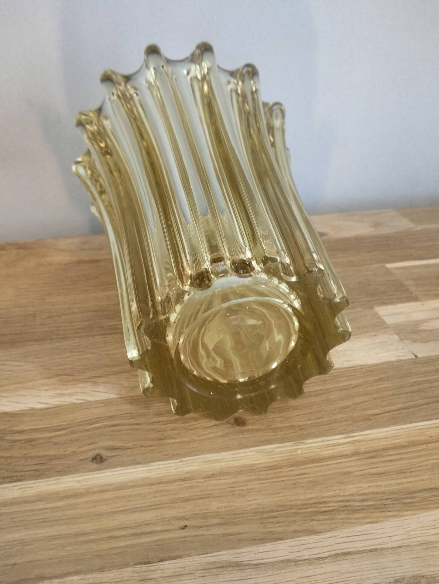 Art Deco vase by Pierre d'Avesn, ribbed amber glass, 1930s