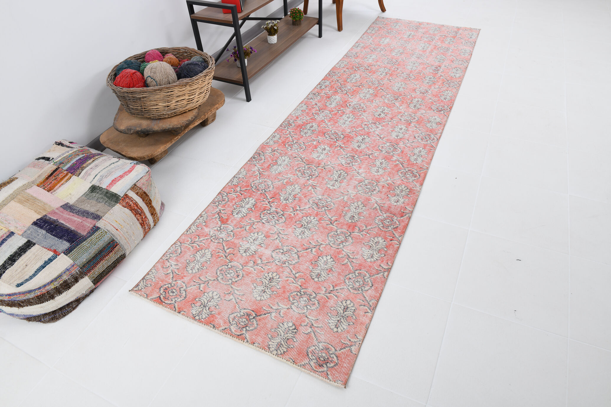 Floral red turkish runner rug, 324x90cm