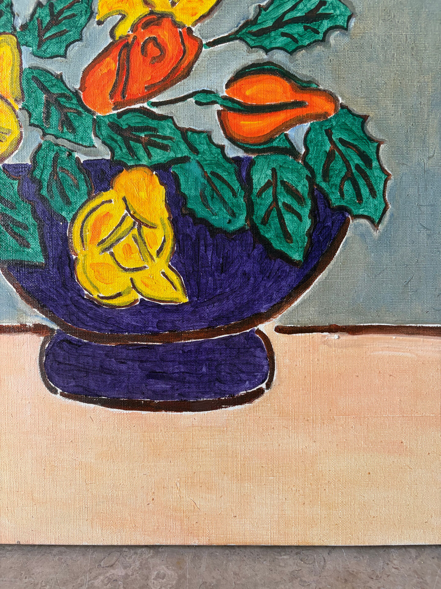 Blue bowl with flowers, oil on canvas signed 1982