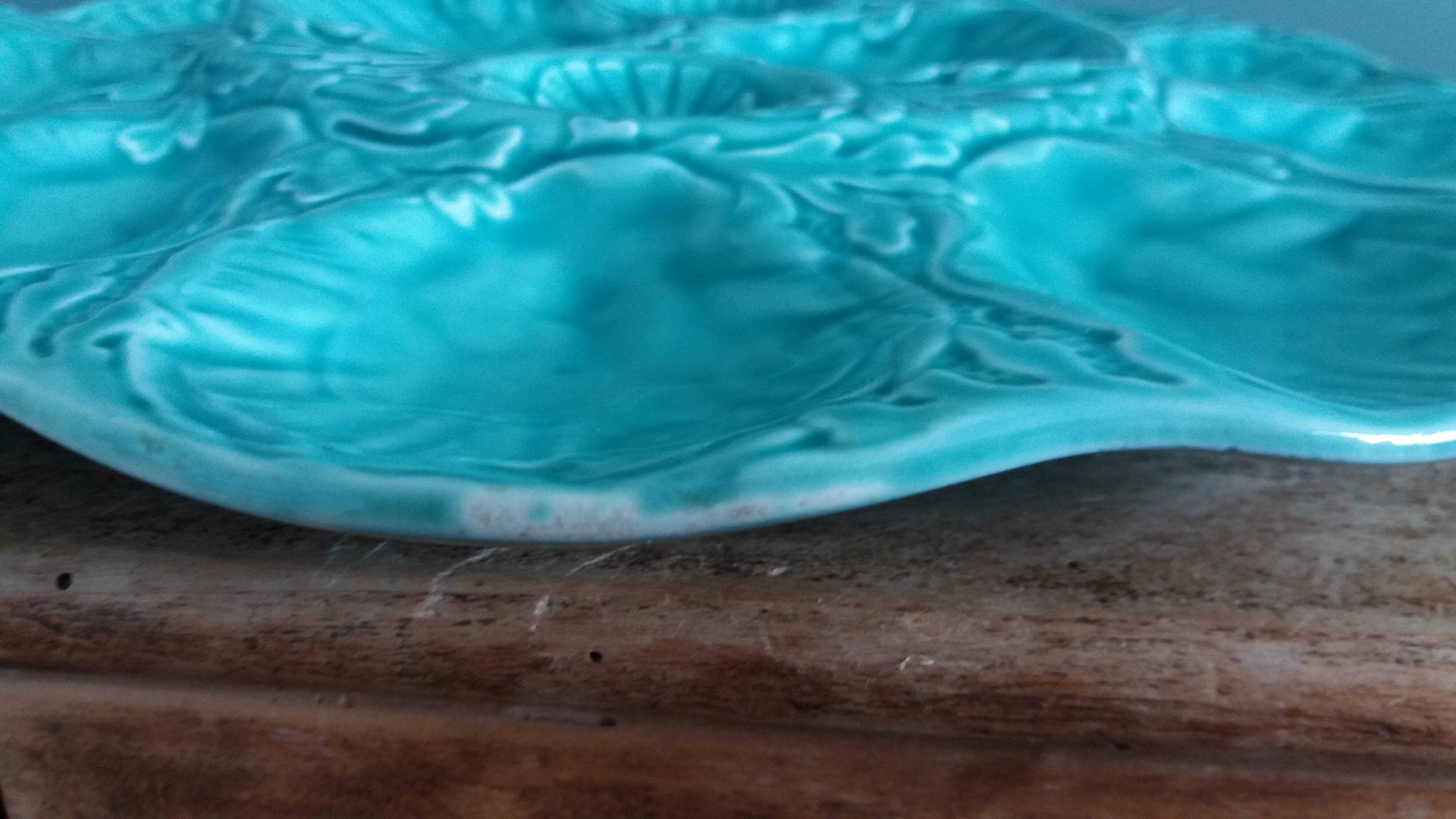 Turquoise barbotine oyster dish Gien France