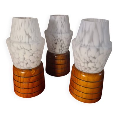 trio lampes de chevet scandinave bois tourné et verre  clichy 20x9 elec ok