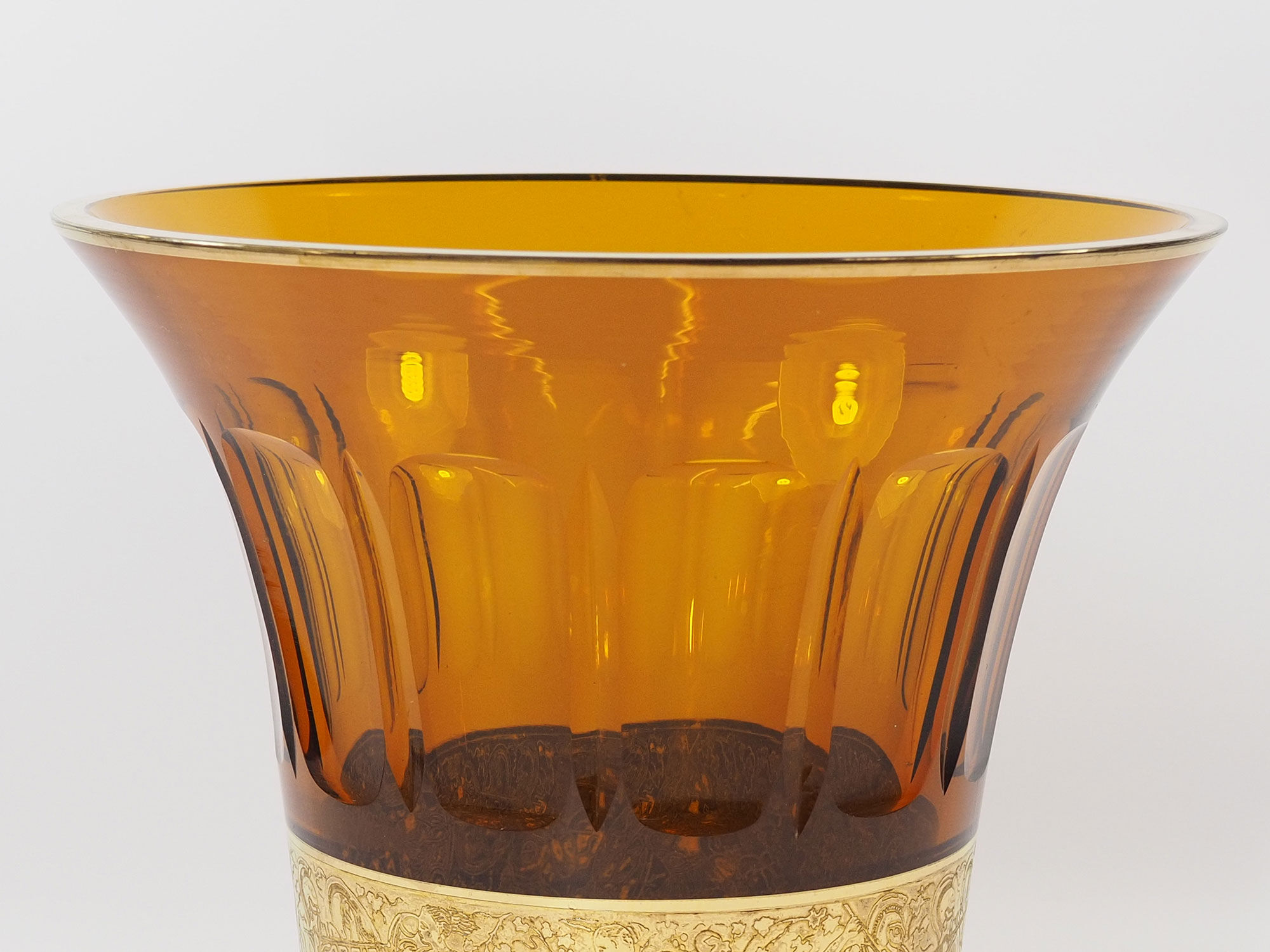 Art Deco Moser Karlsbad Large Amber Glass Vase with Oroplastic