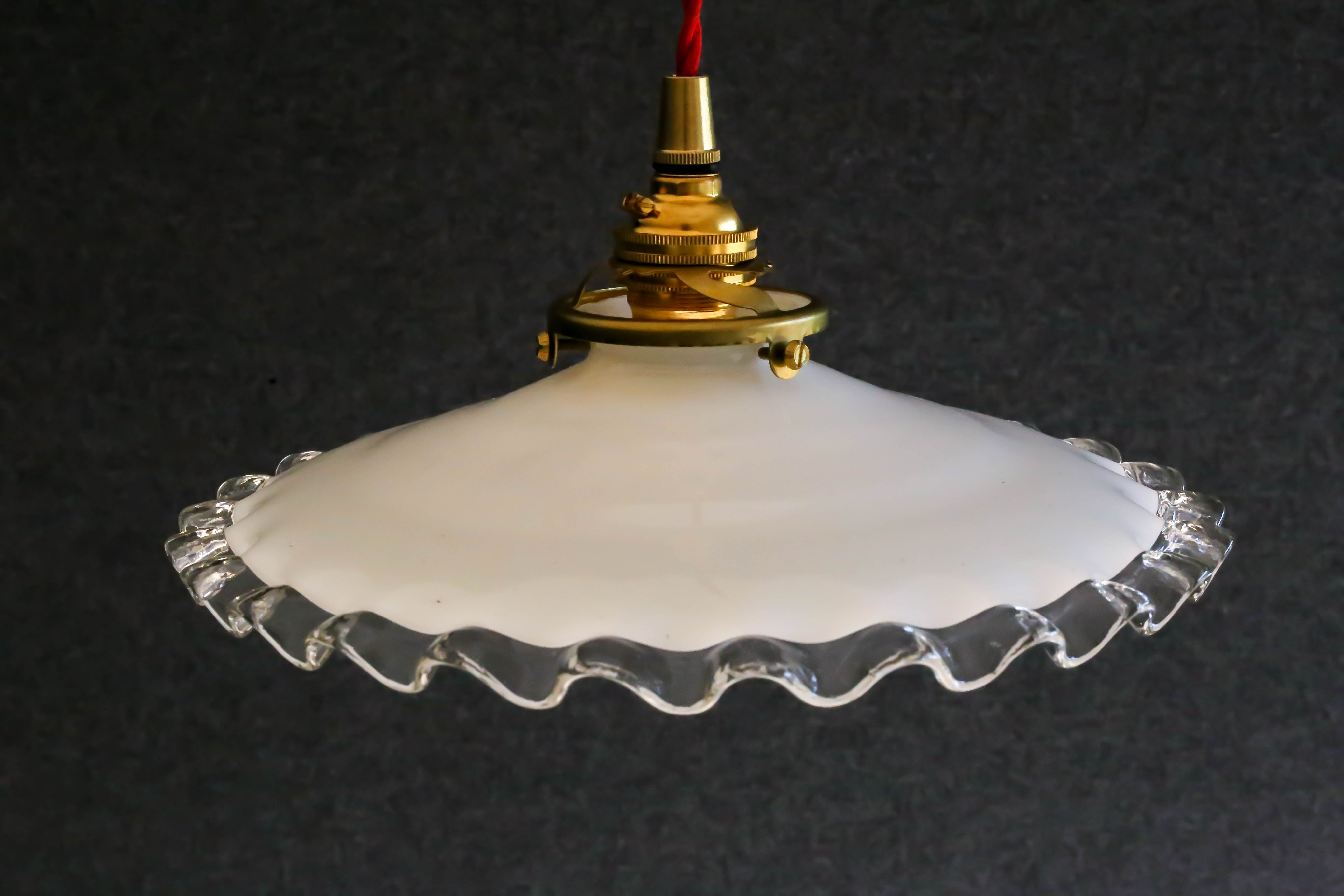 White opaline pendant light with crenellated edges