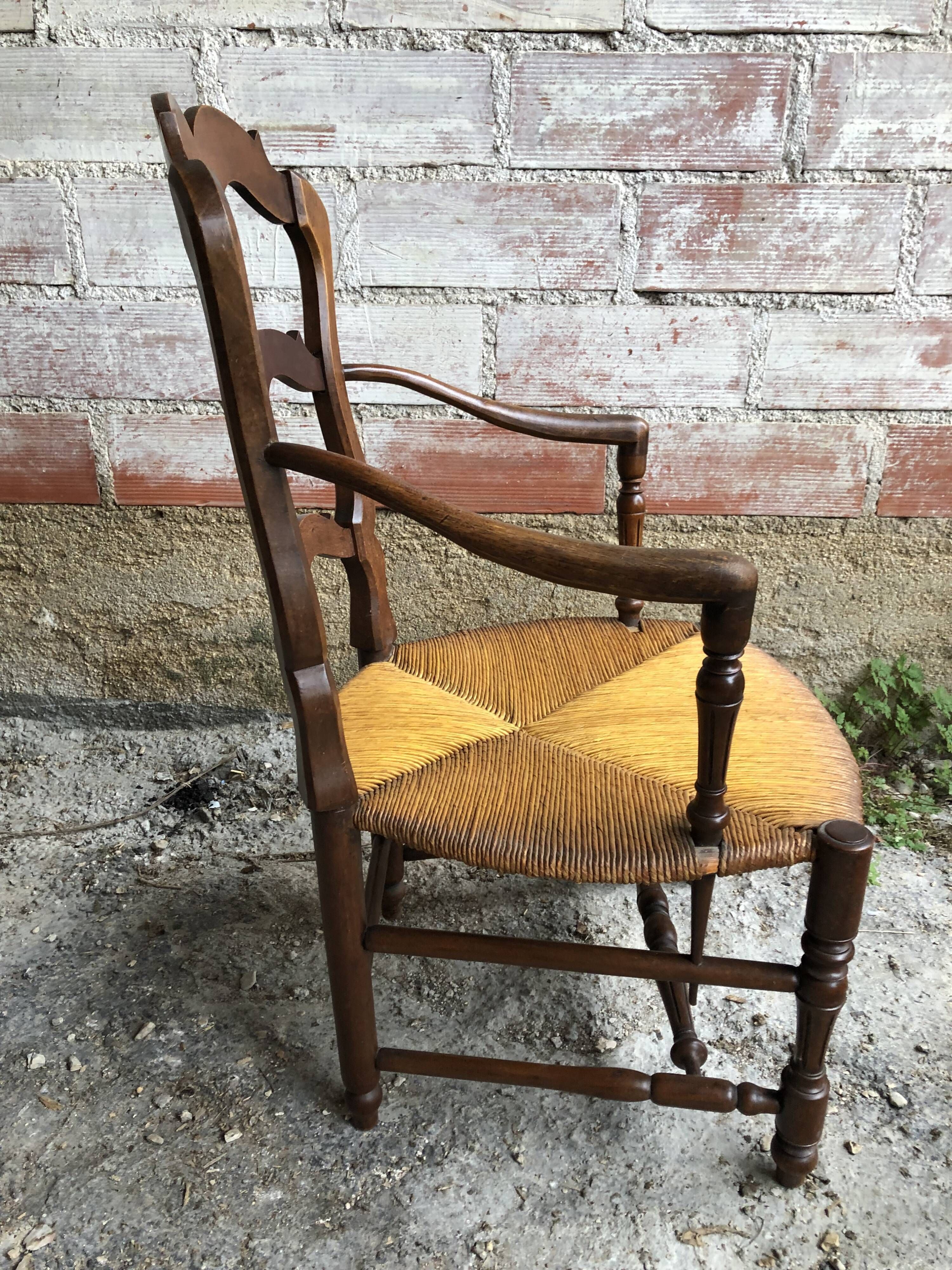 Pair Old Armchair Needle Wood Carved & Seat Paillé + Vintage Fabric Cover