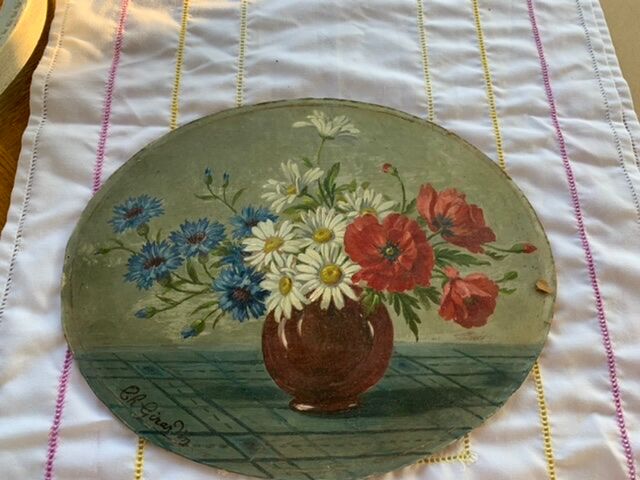 Tableau ancien bouquet de fleurs anémones encadré et signé Ch. Girardin