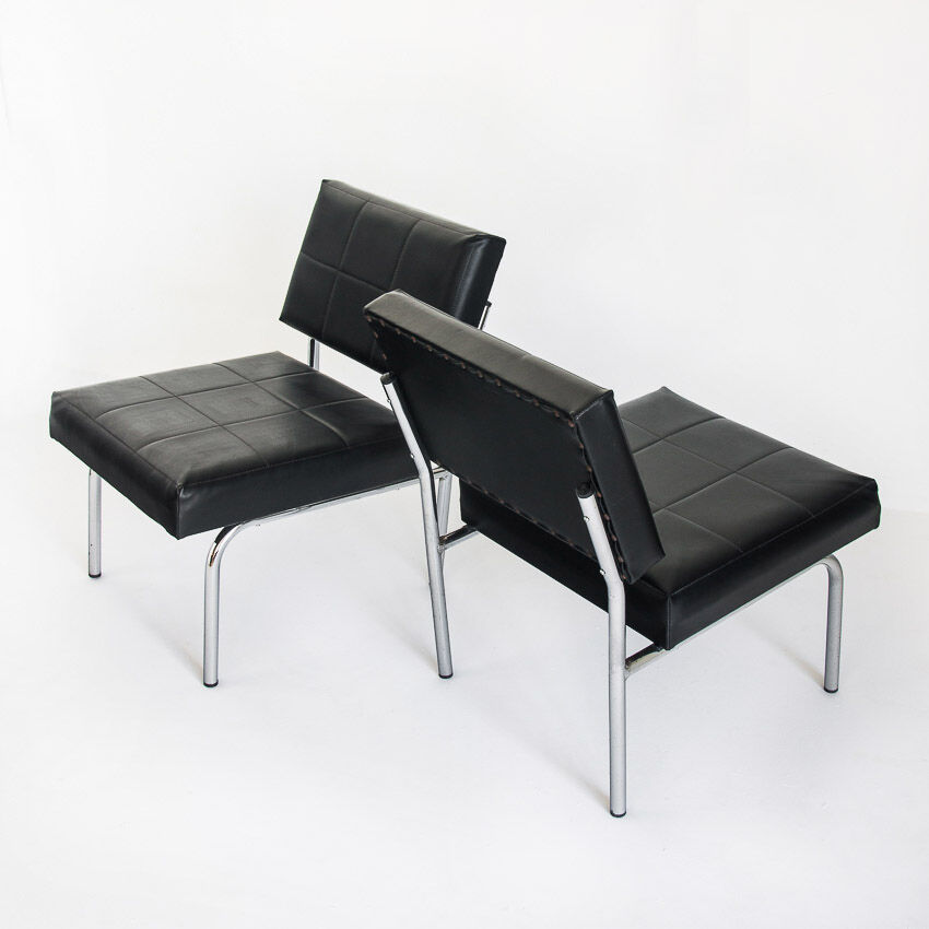 Pair of vintage low armchairs in chrome metal and skaï, Spain 1970