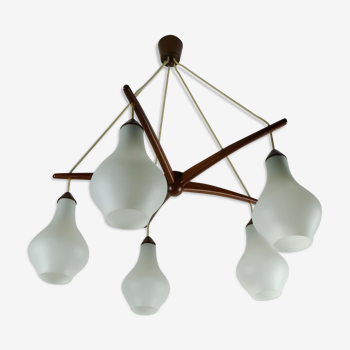 Danish modern chandelier teak opaline glass 1950s 60s