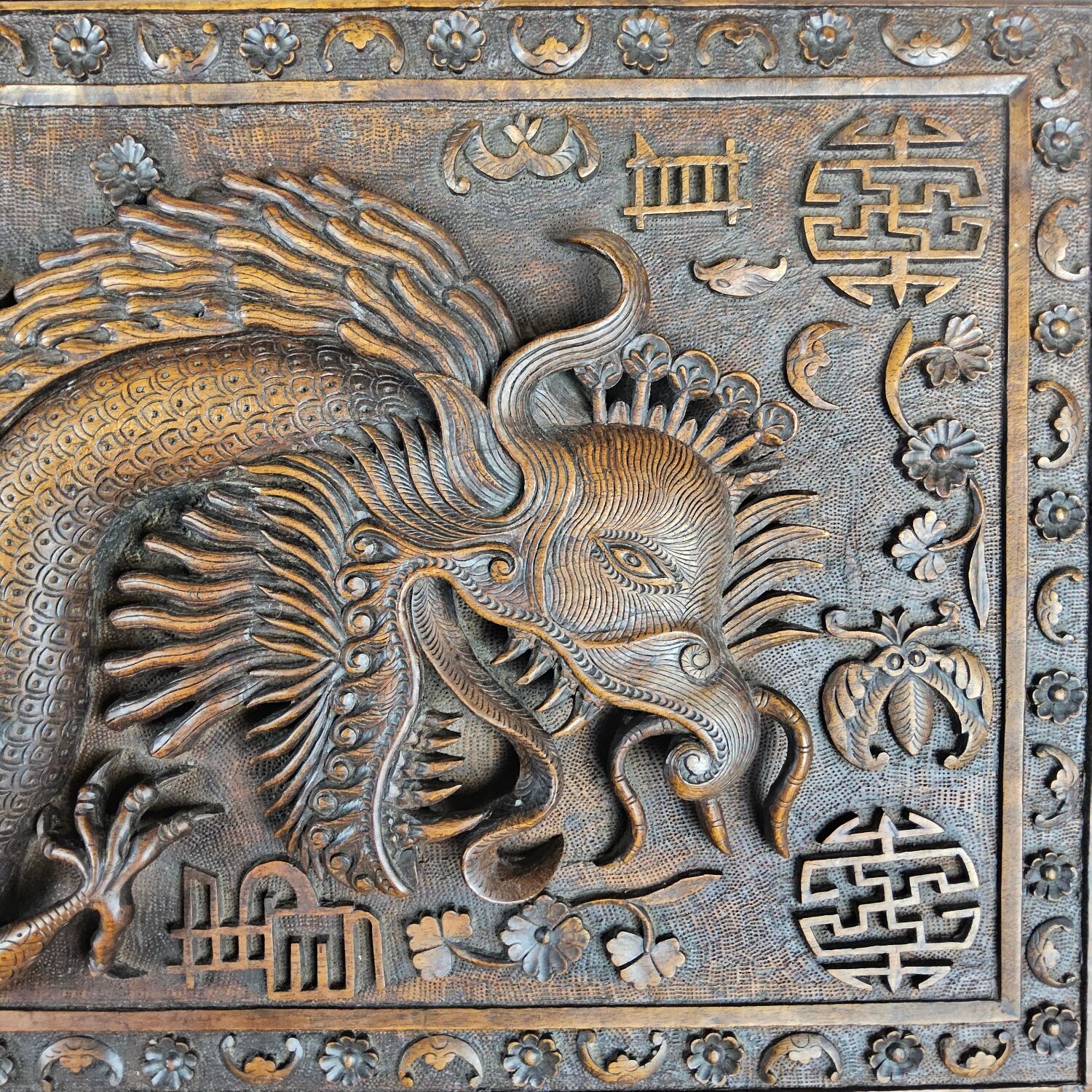 Antique 19th-century Chinese secretary with dragon woodcarving