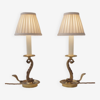 Pair of antique bronze candlestick table lamps with dolphins, Maison Charles, circa 1920s, French