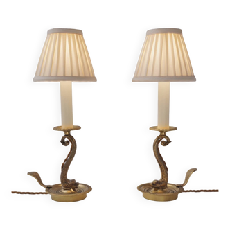 Pair of antique bronze candlestick table lamps with dolphins, Maison Charles, circa 1920s, French