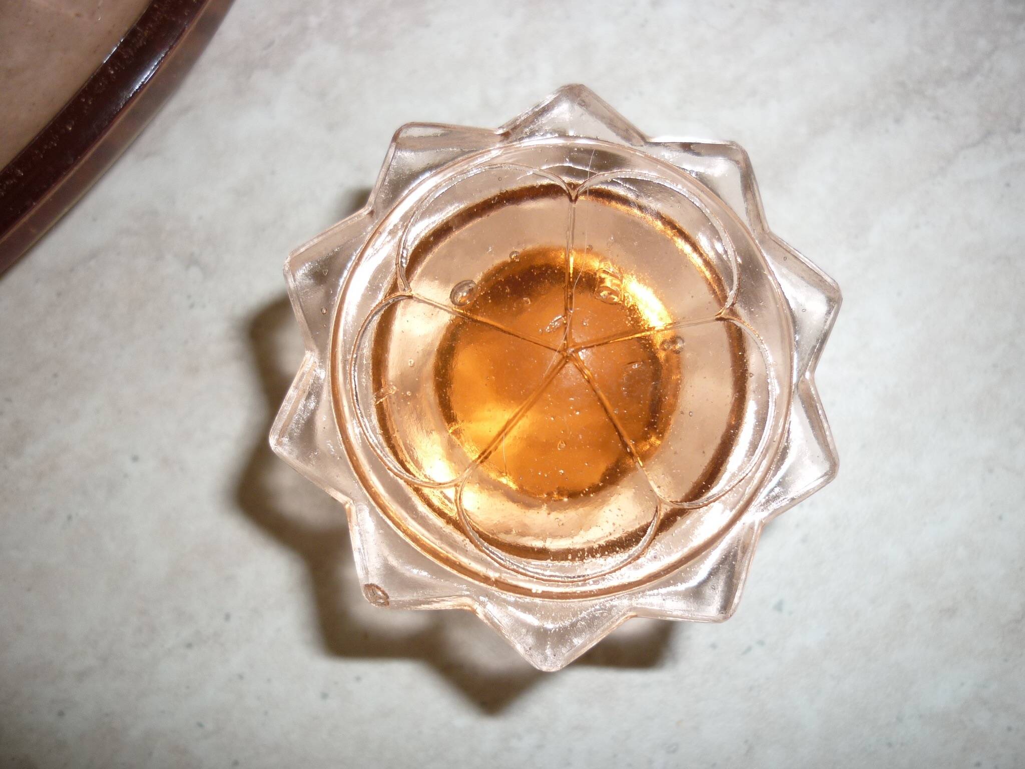 Art deco liqueur service in pink transparent glass with stopper