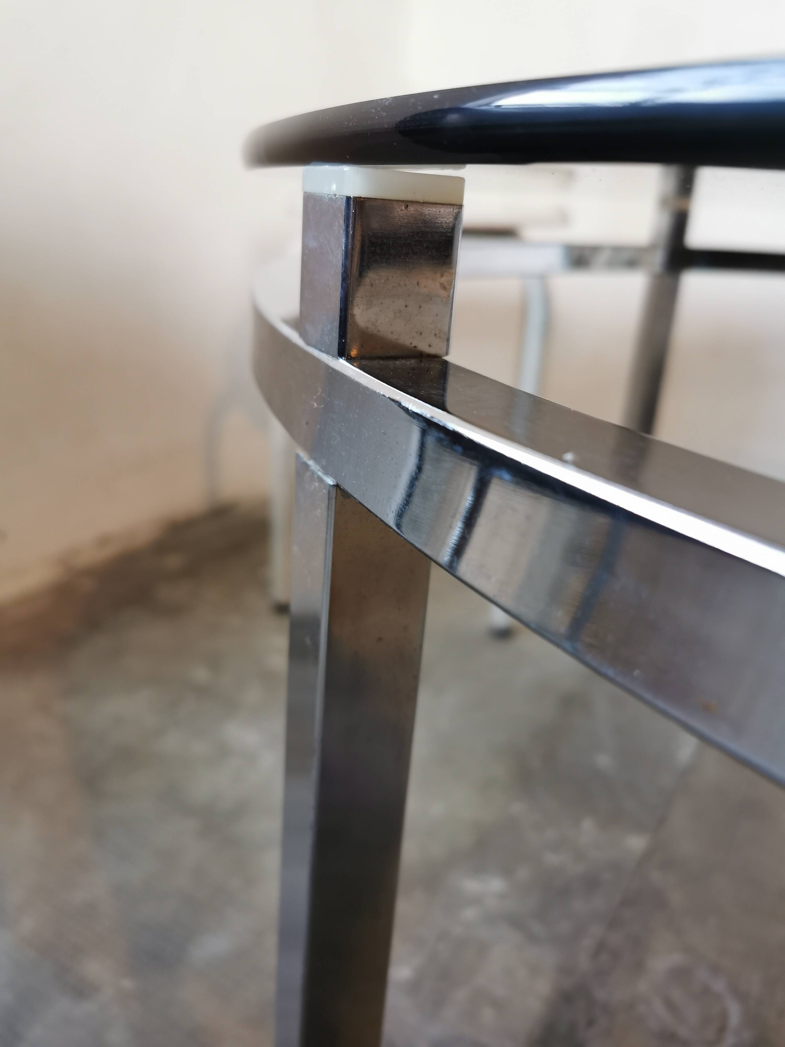 Round coffee table, chrome and smoked glass