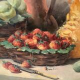Still life with fruits (strawberries/pumpkin), on canvas frame with gilded baroque frame