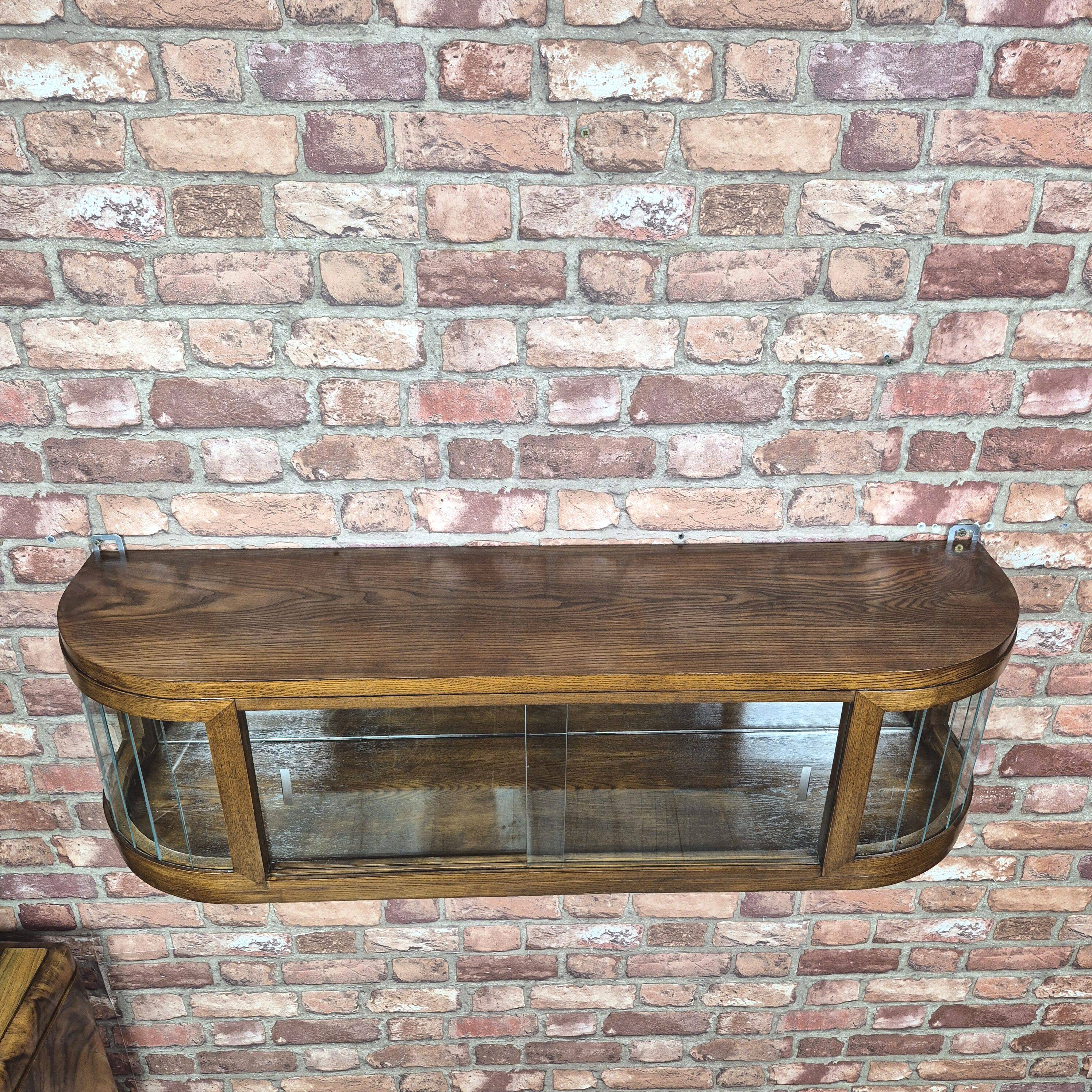 Upcycled Art Deco Oak Wall Display Cabinet with Slatted Glass Corners - 195