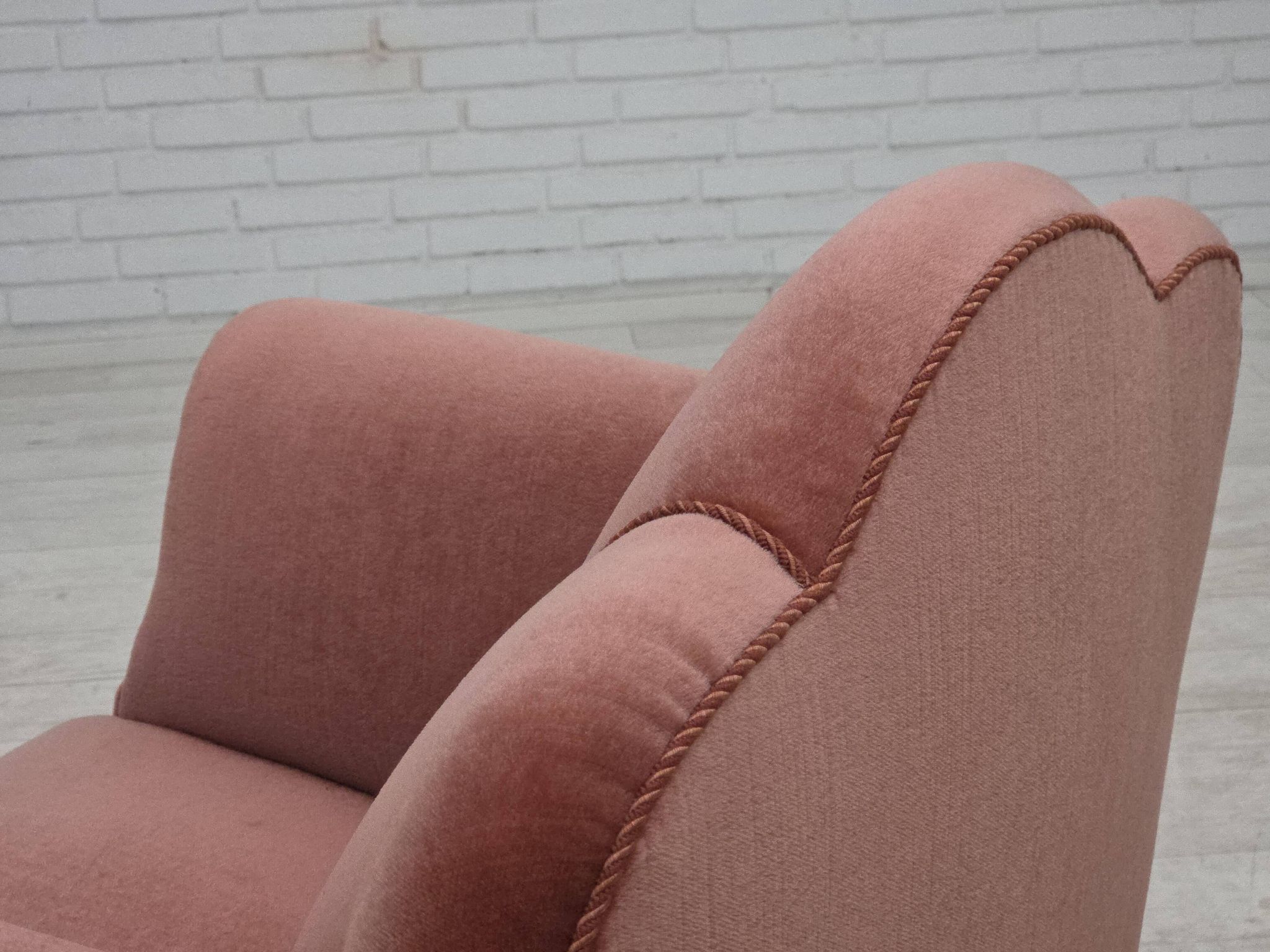 1950s, Danish armchair, salmon pink furniture velour, oak wood.
