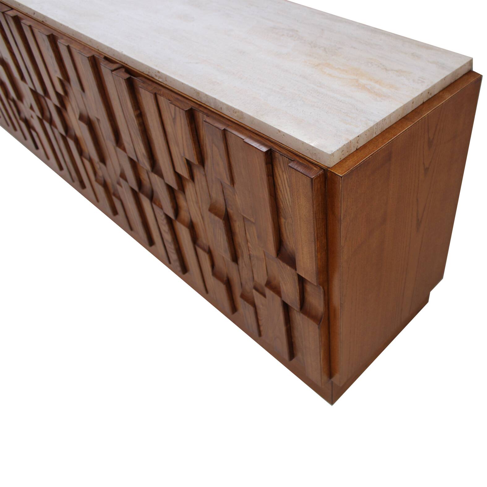 Italian Oak Wood Sideboard with Travertine Marble Top and Hand Carved Patte