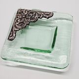 Murano glass catchall, corner adorned with baroque patterns.