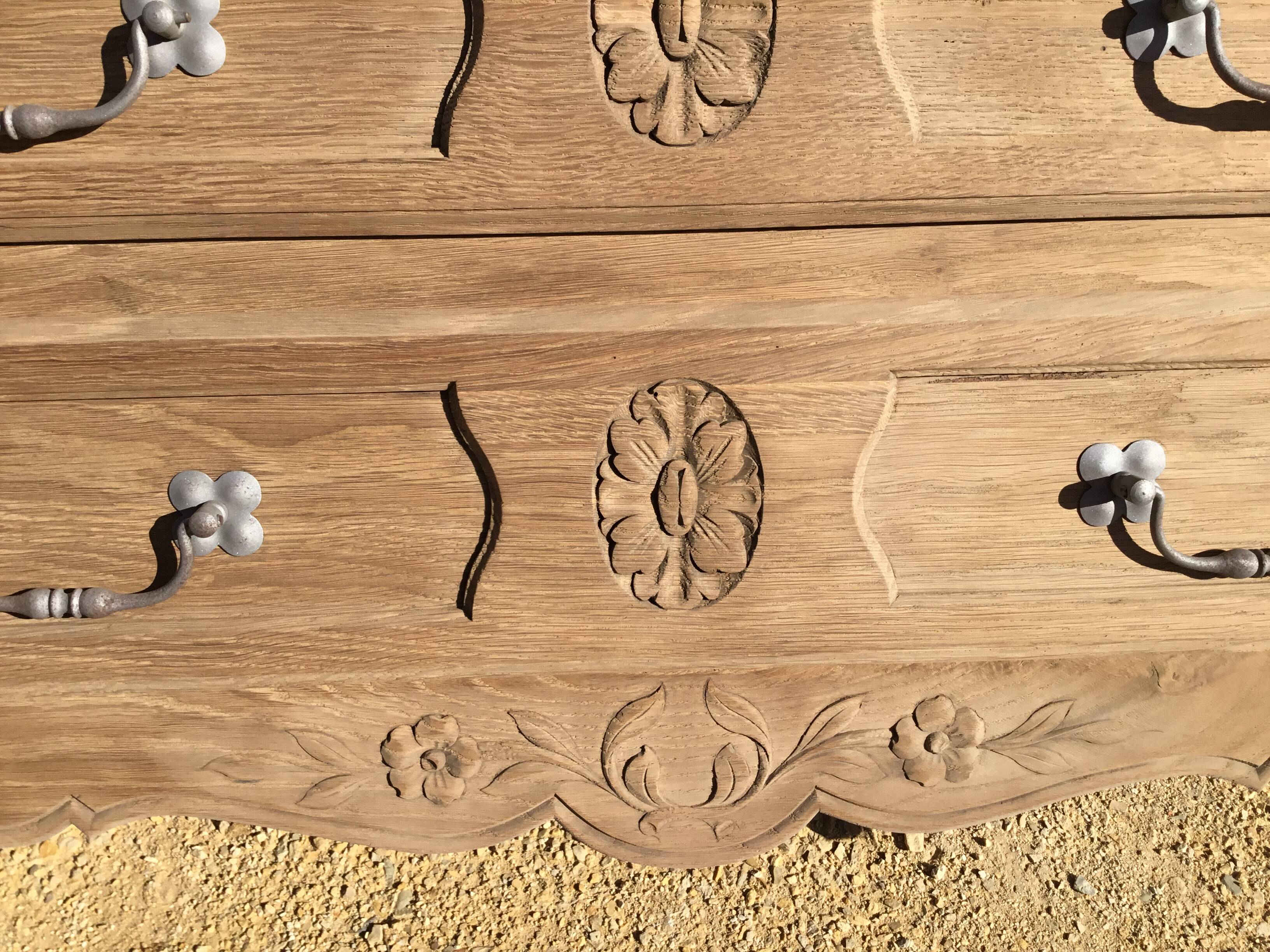 Louis XV style chest of drawers in stripped oak and left in natural wood