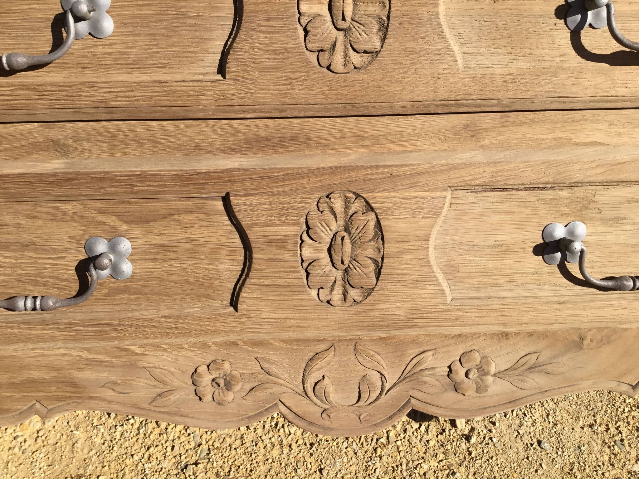Louis XV style chest of drawers in stripped oak and left in natural wood