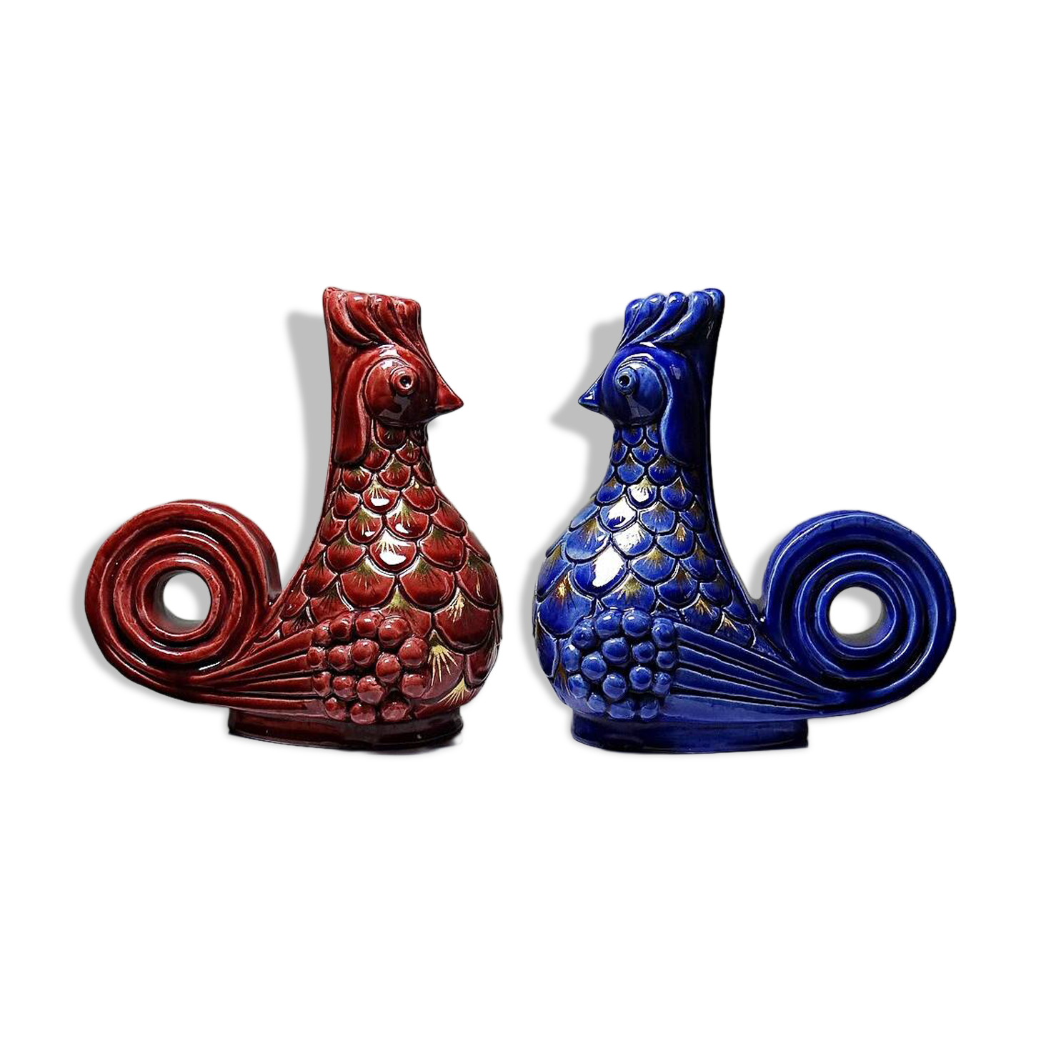 Pair of ceramic glazed candlesticks in the shape of roosters, signed A.G Roger, year 1948.