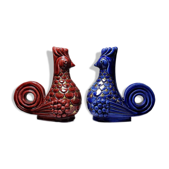 Pair of ceramic glazed candlesticks in the shape of roosters, signed A.G Roger, year 1948.