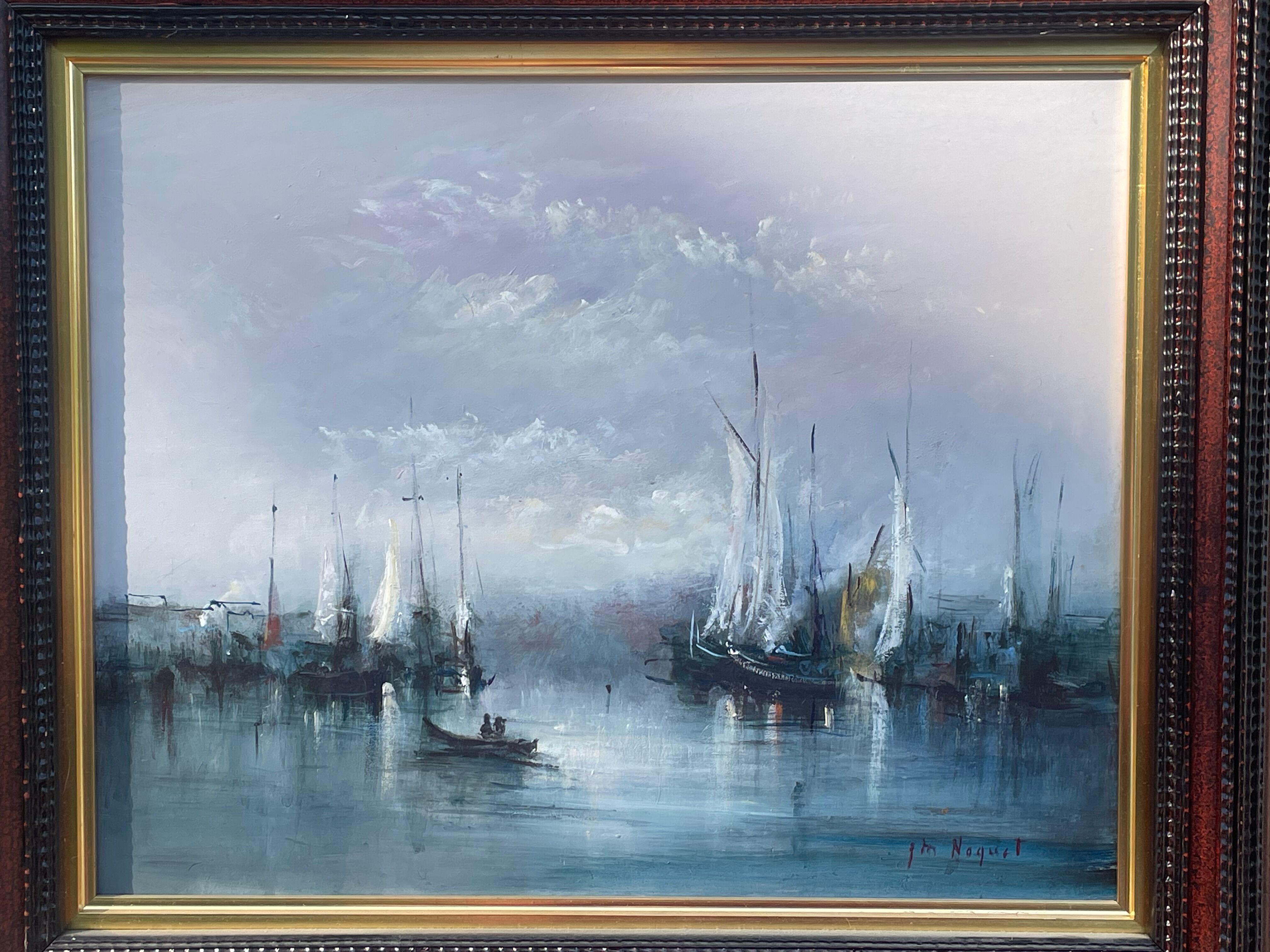 Oil on animated marine panel, moored boats signed Noquet