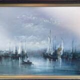 Oil on animated marine panel, moored boats signed Noquet