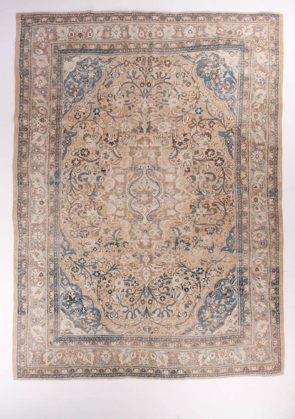 Tapis Persan Ancien Grand Format – Laine Nouée Main, Tons Beige & Bleu