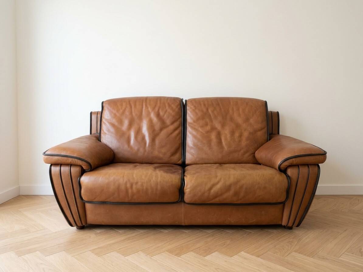 Vintage 1970s brown leather two-seater sofa